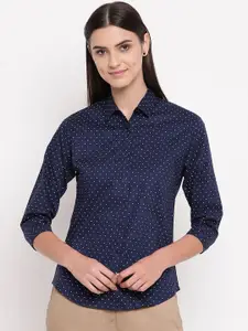 Hancock Women Navy Blue & White Regular Fit Printed Formal Shirt