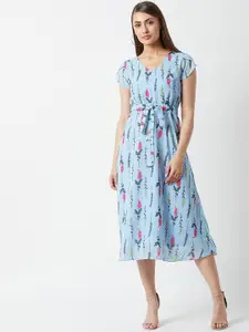 Miss Chase Women Blue Floral Print Fit and Flare Dress