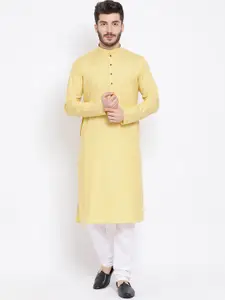 NAMASKAR Men Yellow Solid Straight Kurta