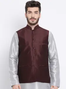 Namaskar Men Brown Solid Woven Nehru Jacket