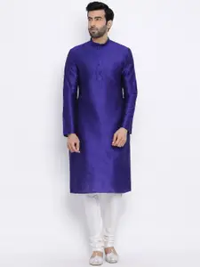 NAMASKAR Men Navy Blue & Off-White Solid Kurta with Churidar