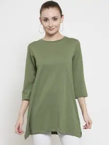 Kalt Women Green Solid Round Neck Longline T-shirt