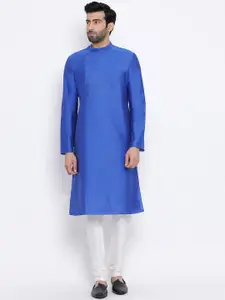 NAMASKAR Men Blue & Off-White Solid Silk Kurta with Churidar