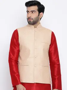 Namaskar Men Pink & Gold-Toned Printed Pure Silk Nehru Jacket