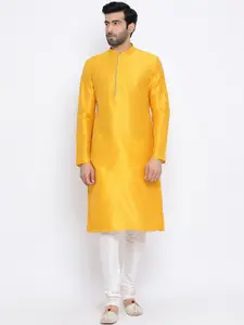 NAMASKAR Men Yellow & Off-White Solid Dupion Silk Kurta with Churidar