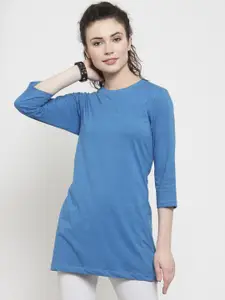 Kalt Women Blue Solid Round Neck T-shirt