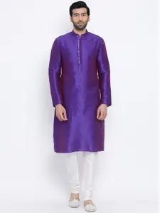 NAMASKAR Men Purple & Off-White Solid Kurta with Churidar