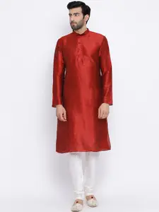 NAMASKAR Men Maroon & White Solid Kurta with Churidar