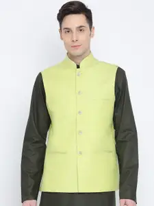 Namaskar Men Green Solid Woven Pure Cotton Nehru Jacket