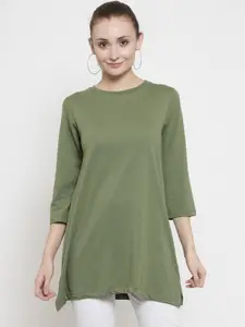 Kalt Women Green Solid Round Neck Longline T-shirt