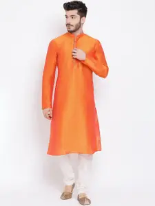 NAMASKAR Men Orange & White Solid Kurta with Churidar