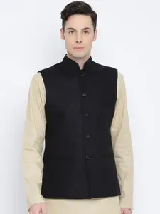 Namaskar Men Black Solid Woven Pure Cotton Nehru Jacket