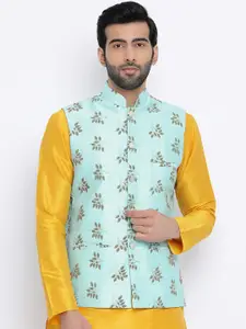Namaskar Men Blue Printed Woven Pure Silk Nehru Jacket
