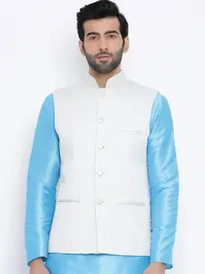 Namaskar Men White & Blue Printed Woven Nehru Jacket