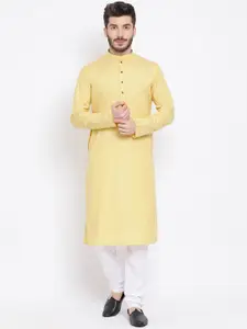 NAMASKAR Men Yellow & White Cotton Solid Kurta with Churidar