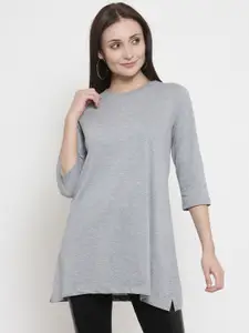 Kalt Women Grey Solid Round Neck Longline T-shirt
