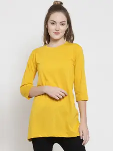 Kalt Women Yellow Solid Longline Round Neck T-shirt