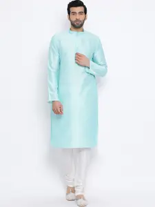 NAMASKAR Men Blue & Off-White Solid Silk Kurta with Churidar