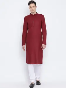 NAMASKAR Men Maroon Solid Straight Kurta