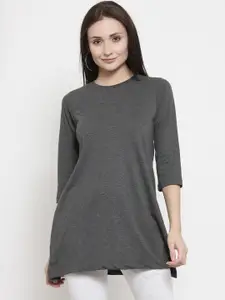 Kalt Women Grey Melange Solid Round Neck Longline T-shirt