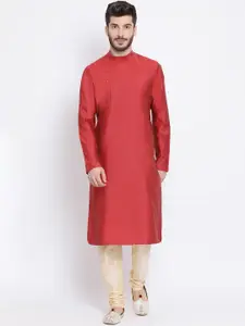 NAMASKAR Men Maroon & Gold-Coloured Solid Silk Kurta with Churidar