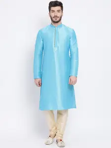 NAMASKAR Men Turquoise Blue & Beige Solid Dupion Silk Kurta with Churidar