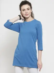 Kalt Women Blue Solid Round Neck T-shirt
