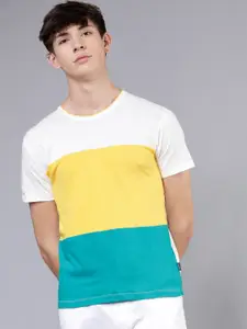 LOCOMOTIVE Men White & Yellow Colourblocked Round Neck Slim Fit T-shirt