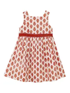 My Little Lambs Girls Red & Beige Printed Fit and Flare Dress