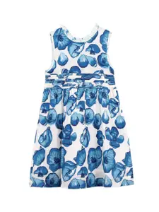 My Little Lambs Girls Off-White & Blue Floral Print Fit and Flare Dress