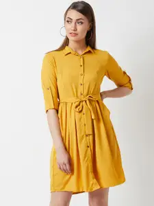 Miss Chase Women Solid Mustard Yellow Knee Length Shirt Dress