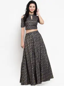 Get Glamr Navy Blue & Gold-Toned Printed Ready to Wear Lehenga with Blouse