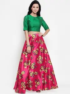 Get Glamr Pink Printed Ready to Wear Lehenga with Green Solid Blouse