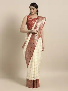 Mitera Cream-Coloured & Red Silk Blend Woven Design Banarasi Saree