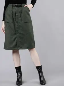 Tokyo Talkies Women Green Knee-Length Solid Straight Skirt