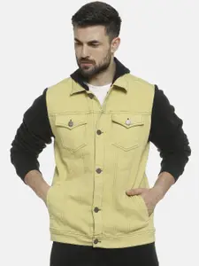 Campus Sutra Men Yellow Colourblocked Windcheater Denim Jacket