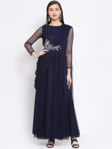 Just Wow Women Navy Blue Embroidered Applique Maxi Dress