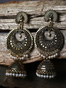 ANIKAS CREATION Gold Plated & Black Crescent Shaped Enamelled Jhumkas