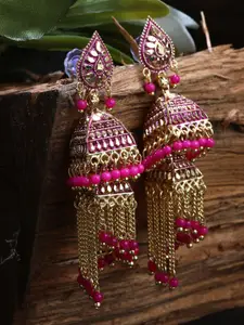 ANIKAS CREATION Pink & Gold-Plated Enamelled Dome Shaped Jhumkas