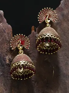 ANIKAS CREATIOn Gold Plated & Maroon Enamelled Peacock Shaped Jhumkas