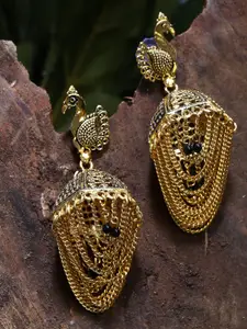 ANIKAS CREATION Gold Plated & Black Enamelled Peacock Shaped Jhumkas