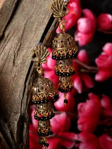 ANIKAS CREATION Gold Plated & Black Peacock Shaped Enamelled Jhumkas