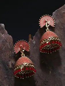 ANIKAS CREATION Gold plated & Red Peacock Shaped Enamelled Jhumkas