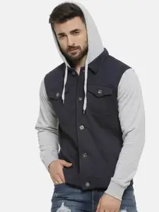 Campus Sutra Men Navy Blue Colourblocked Windcheater Jacket