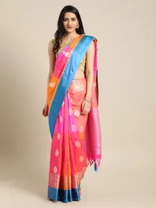 Mitera Pink & Orange Silk Blend Woven Design Kanjeevaram Saree