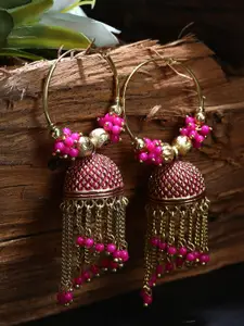 ANIKAS CREATION Pink & Gold-Plated Enamelled Dome Shaped Jhumkas
