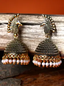 ANIKAS CREATION Gold plated & Black Dome Shaped Enamelled Jhumkas