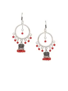 Silvermerc Designs Oxidised Silver-Plated & Red Handcrafted Circular Drop Earrings