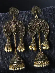 ANIKAS CREATION Gold Plated & Purple Enamelled Peacock Shaped Jhumkas