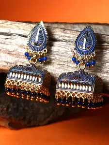 ANIKAS CREATION Gold Plated & Blue Enamelled Leaf Shaped Jhumkas